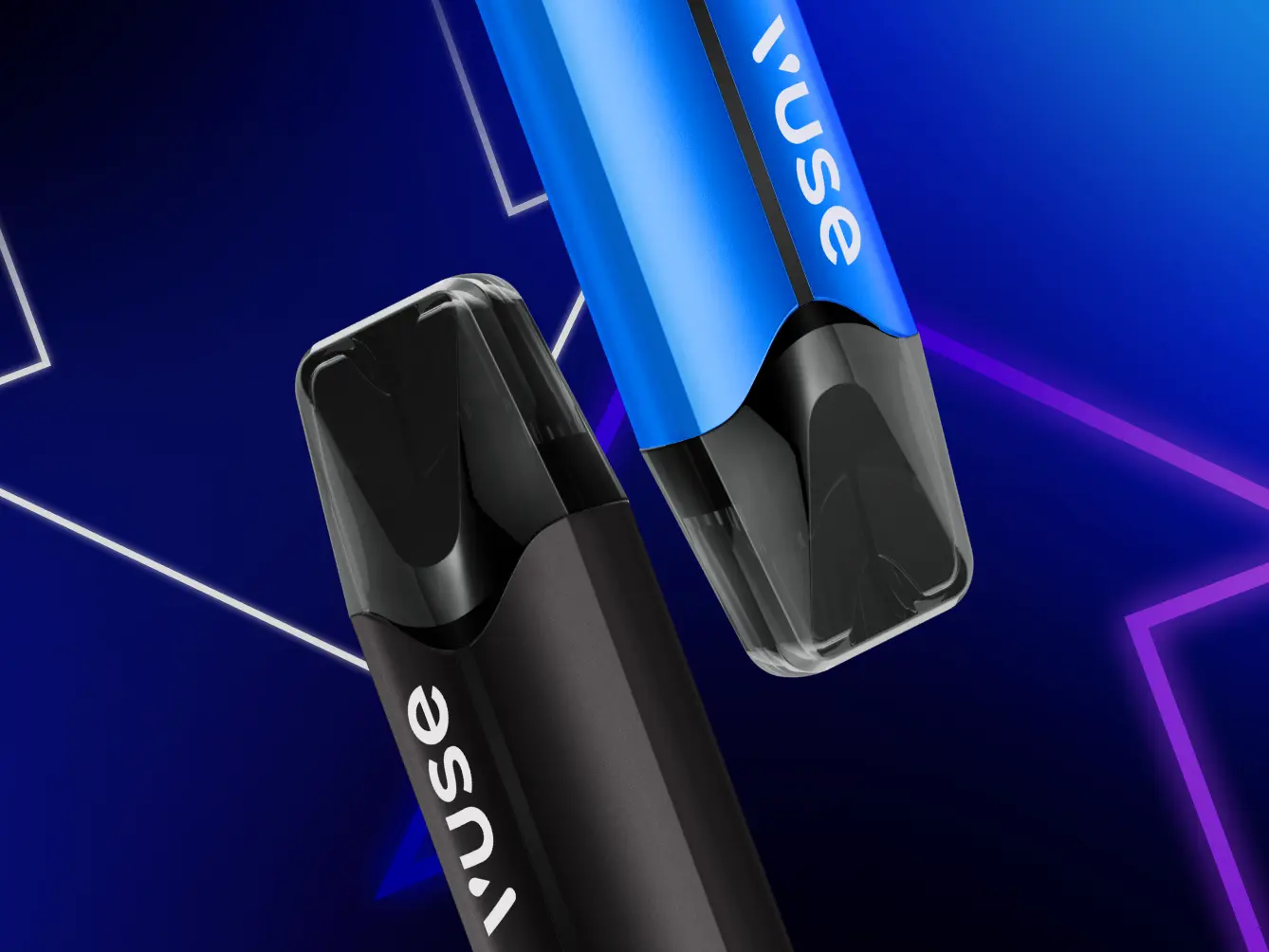 Blue and Black Vuse Vape in front of Blue Purple gradient background