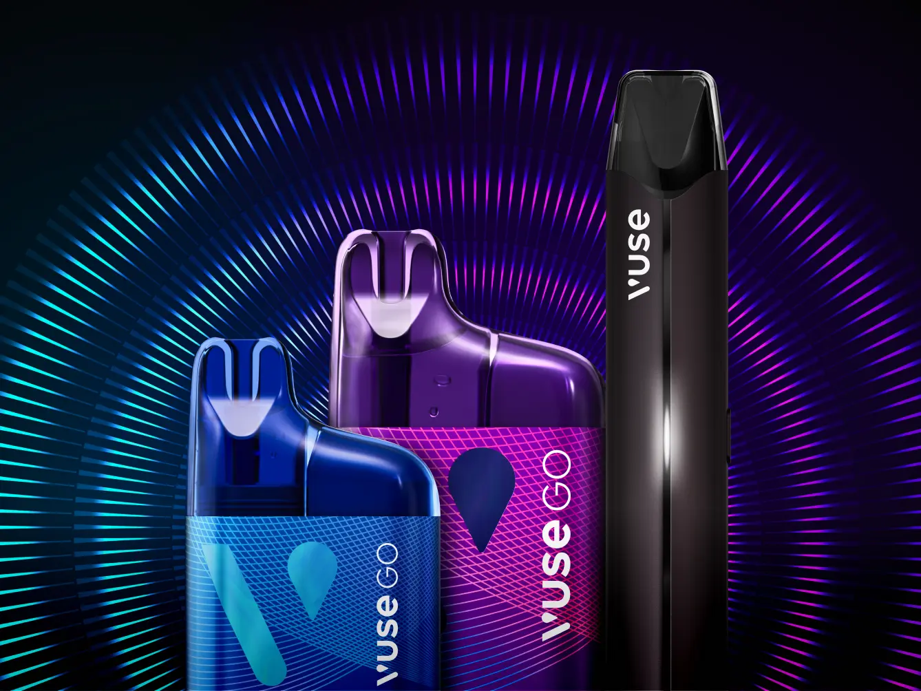 Vuse PRO Smart and Disposable devices in front of purple and blue background