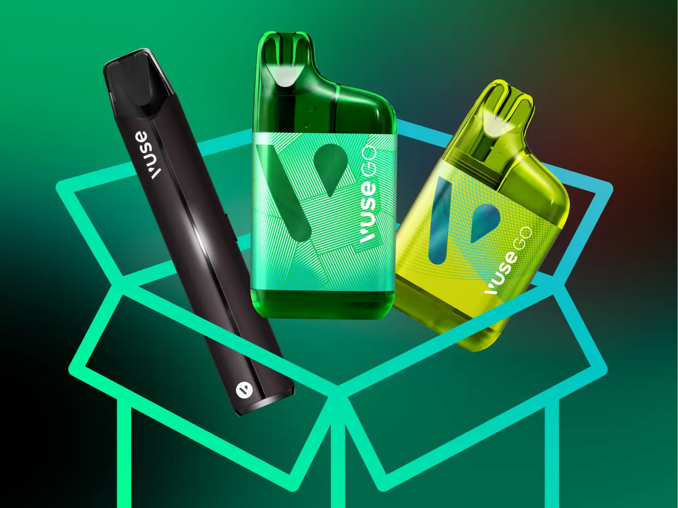Vuse Prosmart and Disposable devices in box on green background
