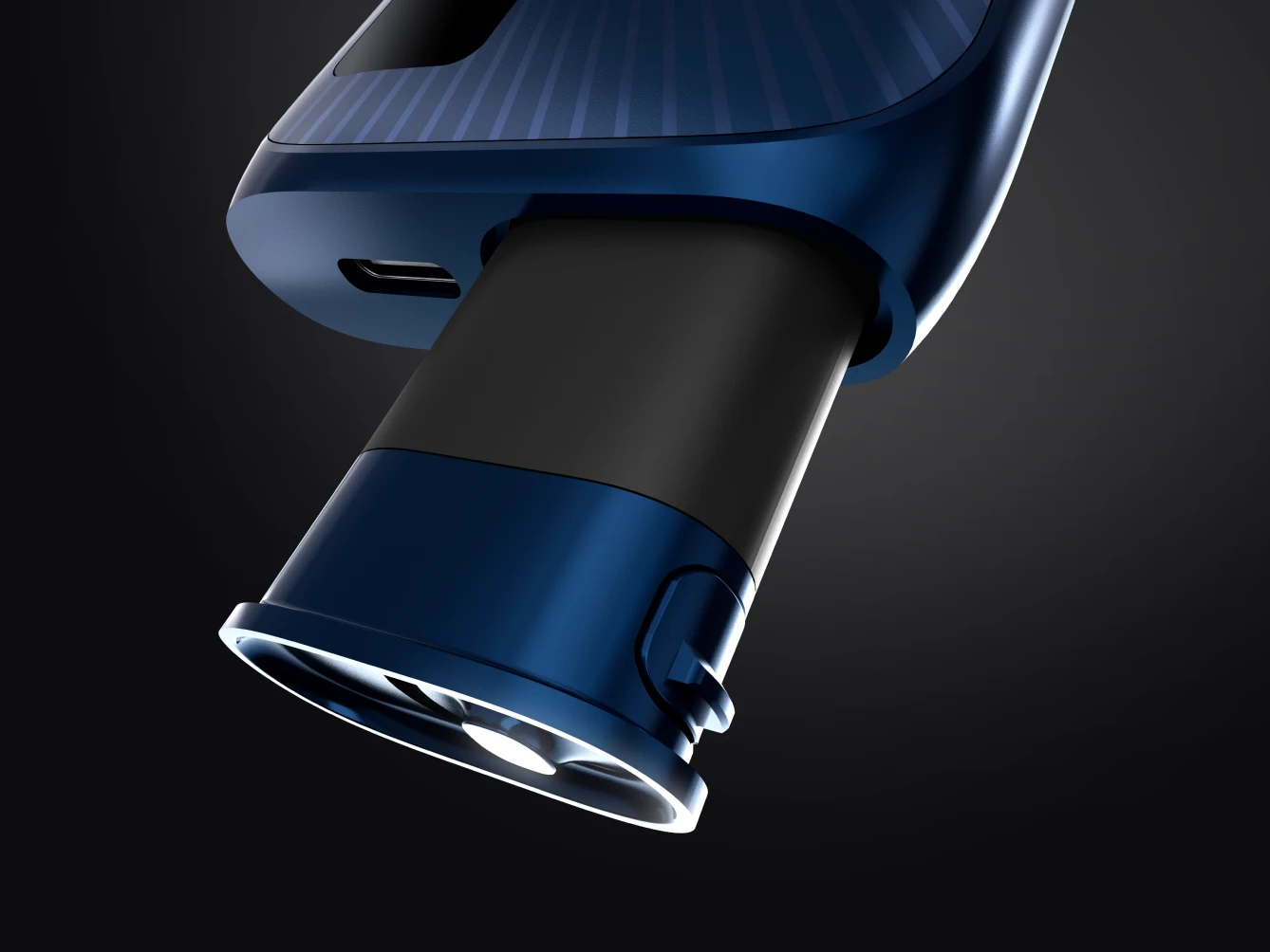 Battery inside of a blue Vuse Ultra closed system device against a dark gradient background