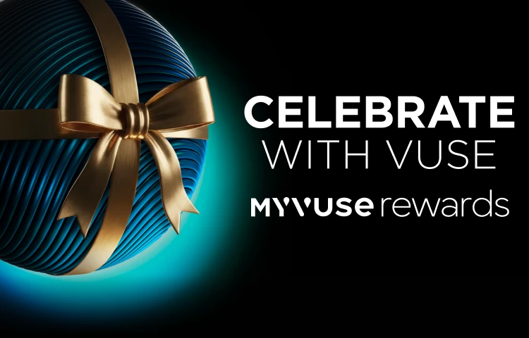 7 days of holidays for my vuse rewards with a blue orb and golden ribbon tied around it against black background