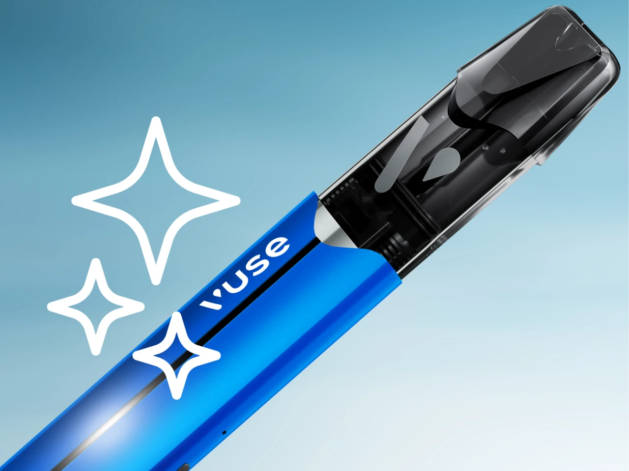 Vuse vape device placed in front of a sky blue background, illustrating proper device care and maintenance