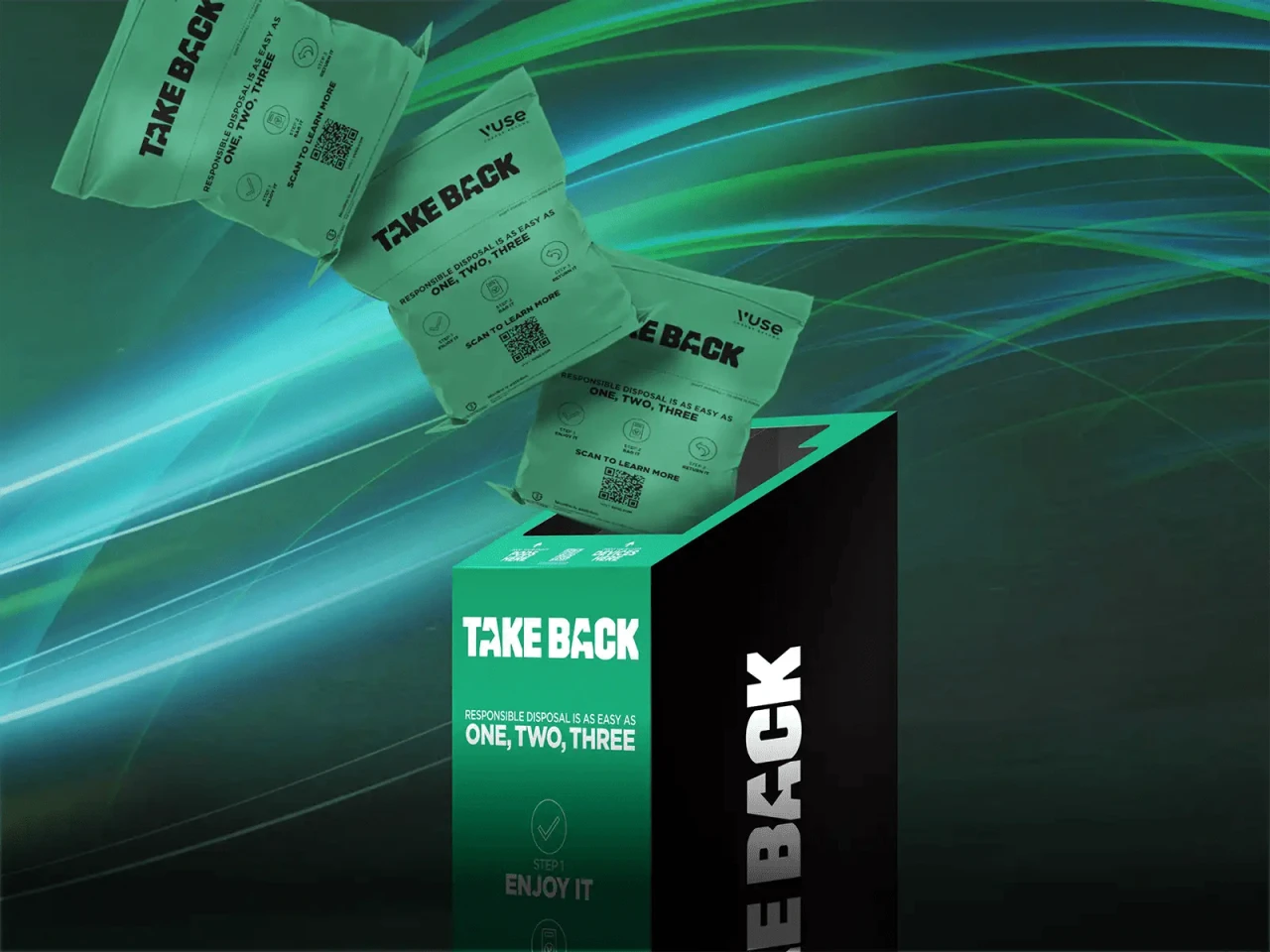 Green recycling bin with Vuse-branded disposal bags indicating the Vuse Take Back responsible disposal program