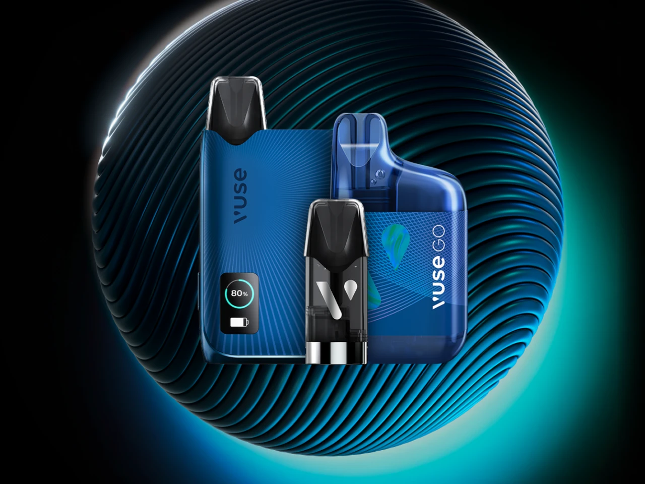 Vuse Go and Vuse Ultra vape devices and pod displayed in sleek blue design with glowing background.