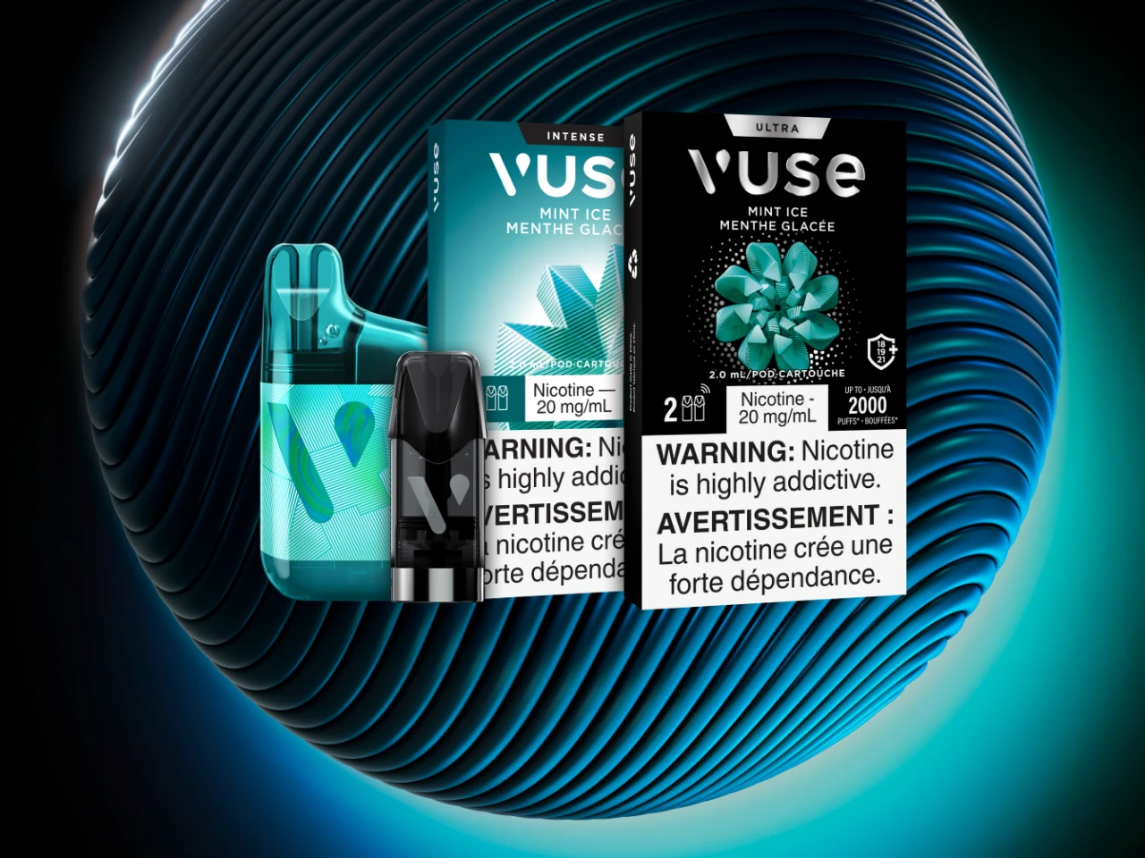 Blue Vuse GO Disposable Vape 5000 and one Ultra Pod on a blue orb with a black background