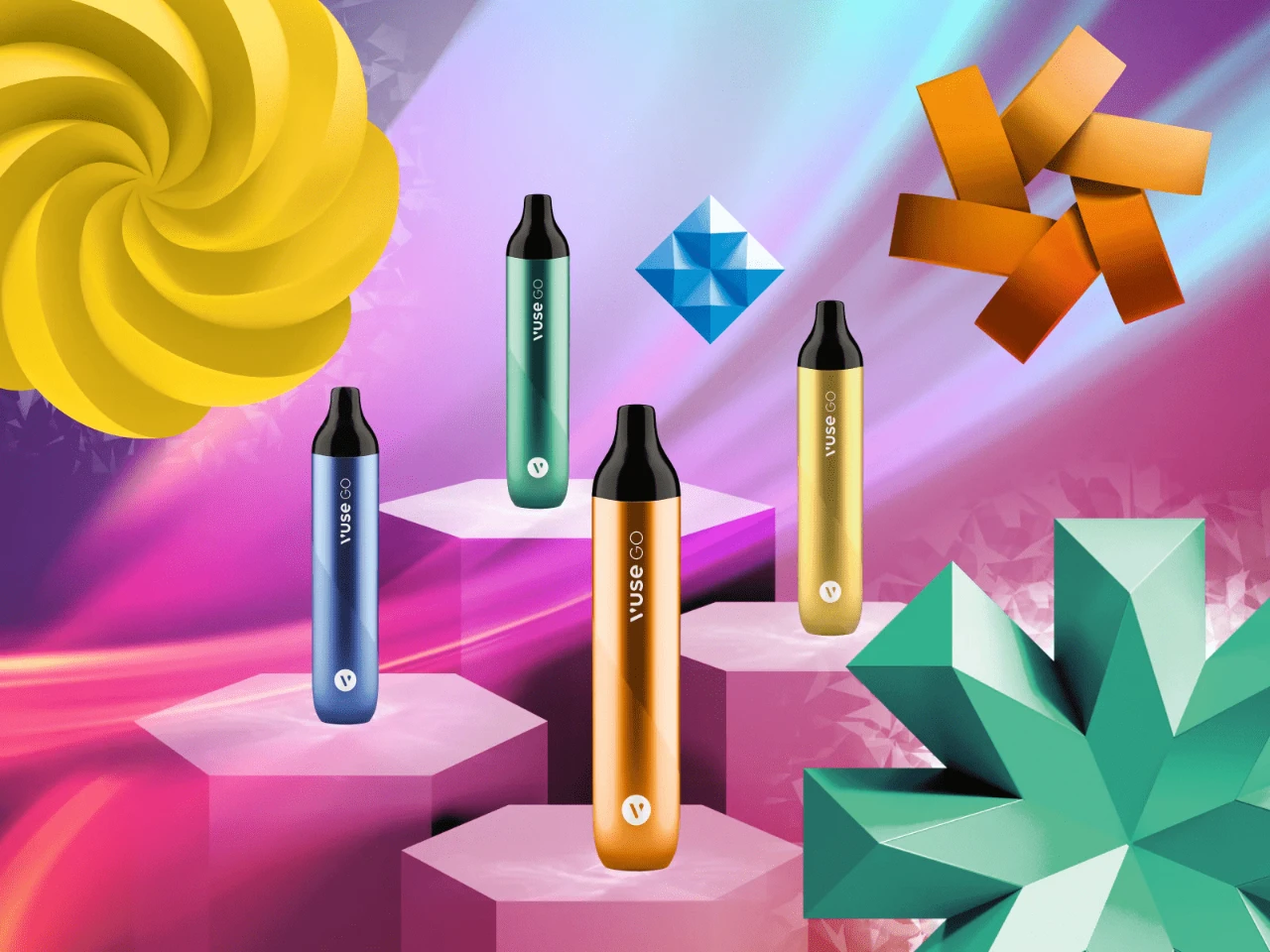 Vuse GO XL disposable vape devices with assorted flavour icons displayed on a colourful abstract background