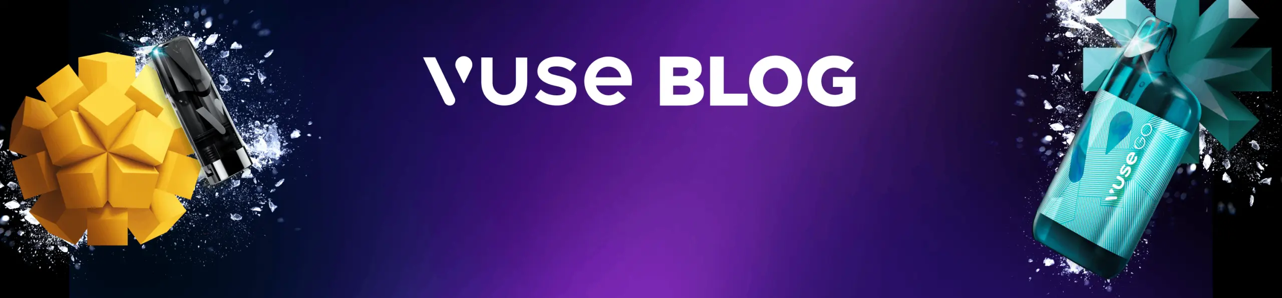 Vape pod e-liquid, mango cubes, and Vuse GO disposable vape device on purple background
