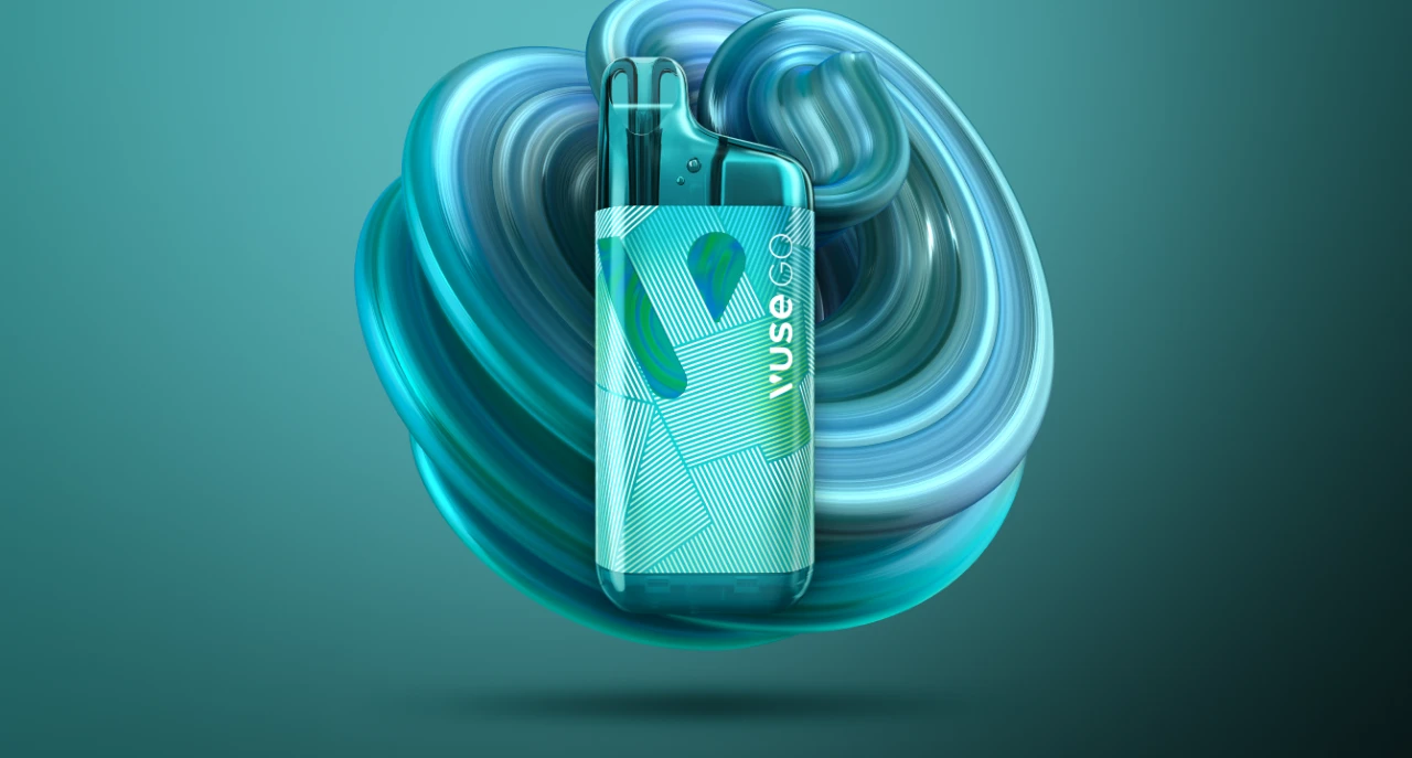 New Vuse GO 8000 disposable vape device with sleek design on blue background