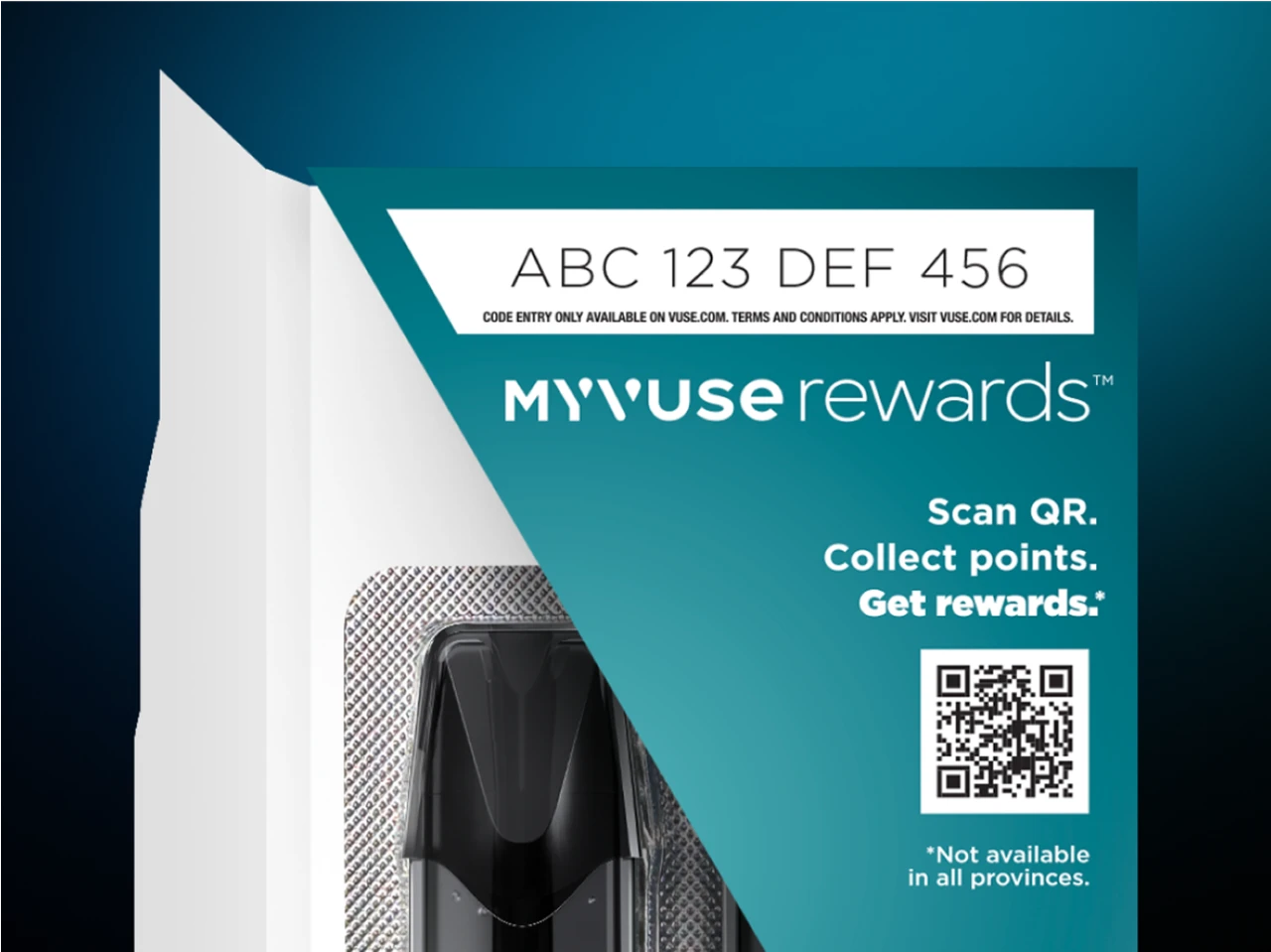 Vuse Rewards packaging with sample code “ABC 123 DEF 456” and QR code to scan for collecting points and rewards. Text notes: “Scan QR. Collect points. Get rewards. Not available in all provinces.