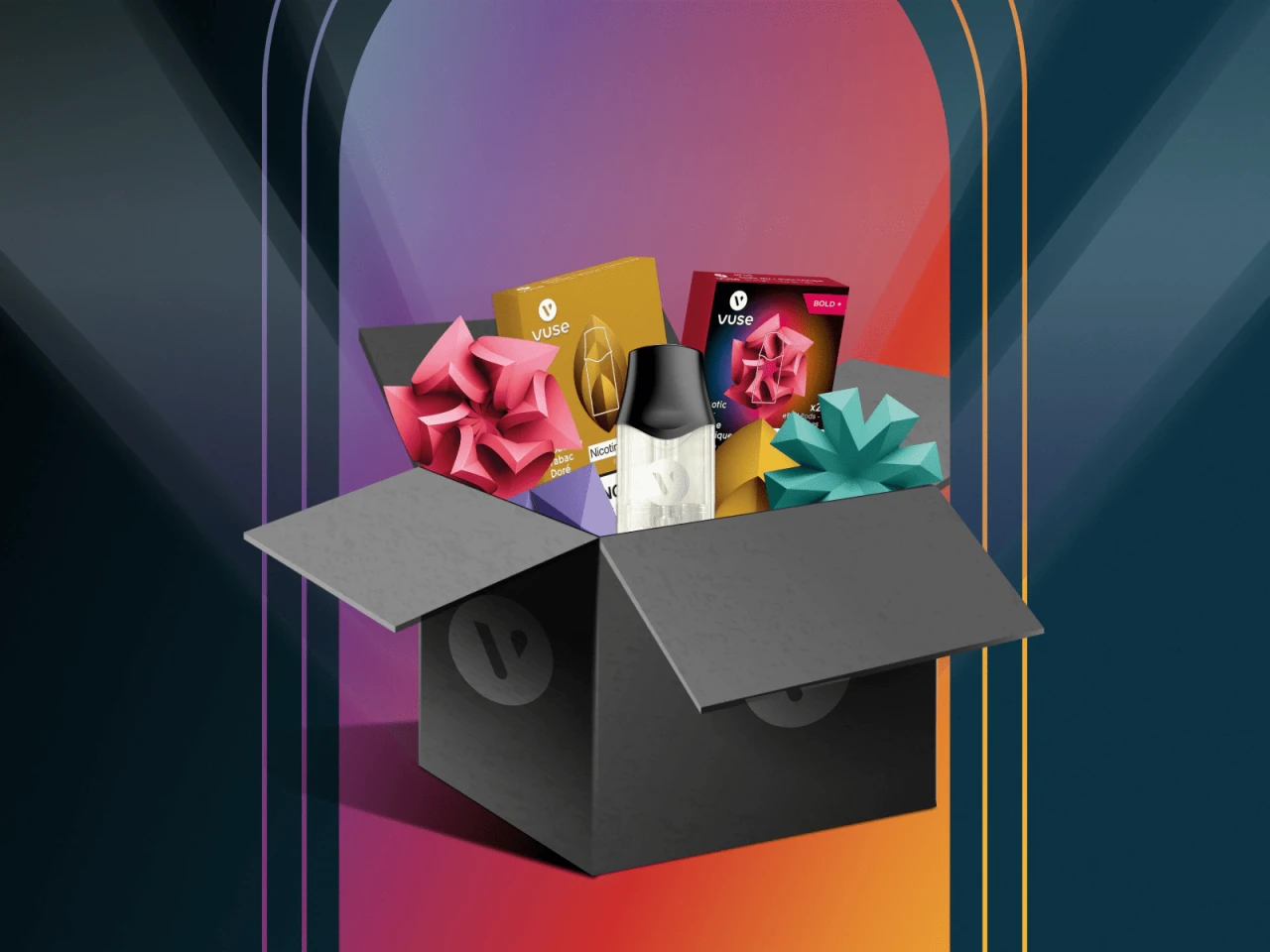 Black gift box filled with Vuse vape pod packs, representing the Subscribe & Save offer 