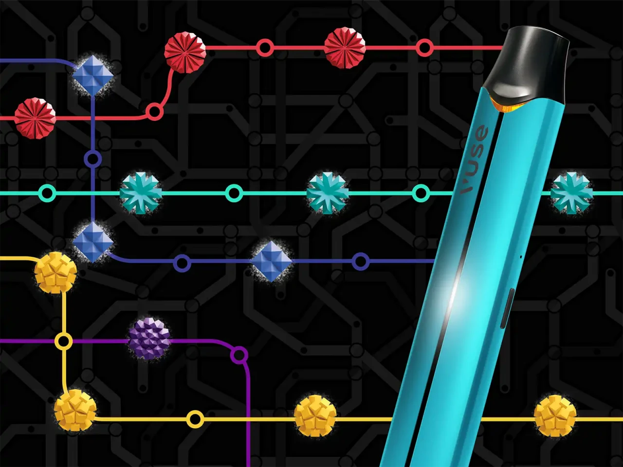 Teal Vuse vape pen displayed against a black background with flavour icon transit lines