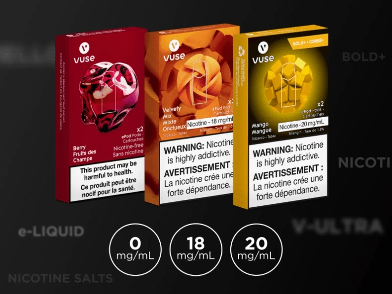 3 packs of Vuse vape pods displaying different nicotine strengths on a dark background