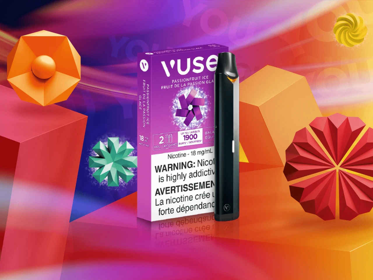 Vuse ePod 2+ vape device pack displayed alongside flavour icons on a vibrant orange gradient background