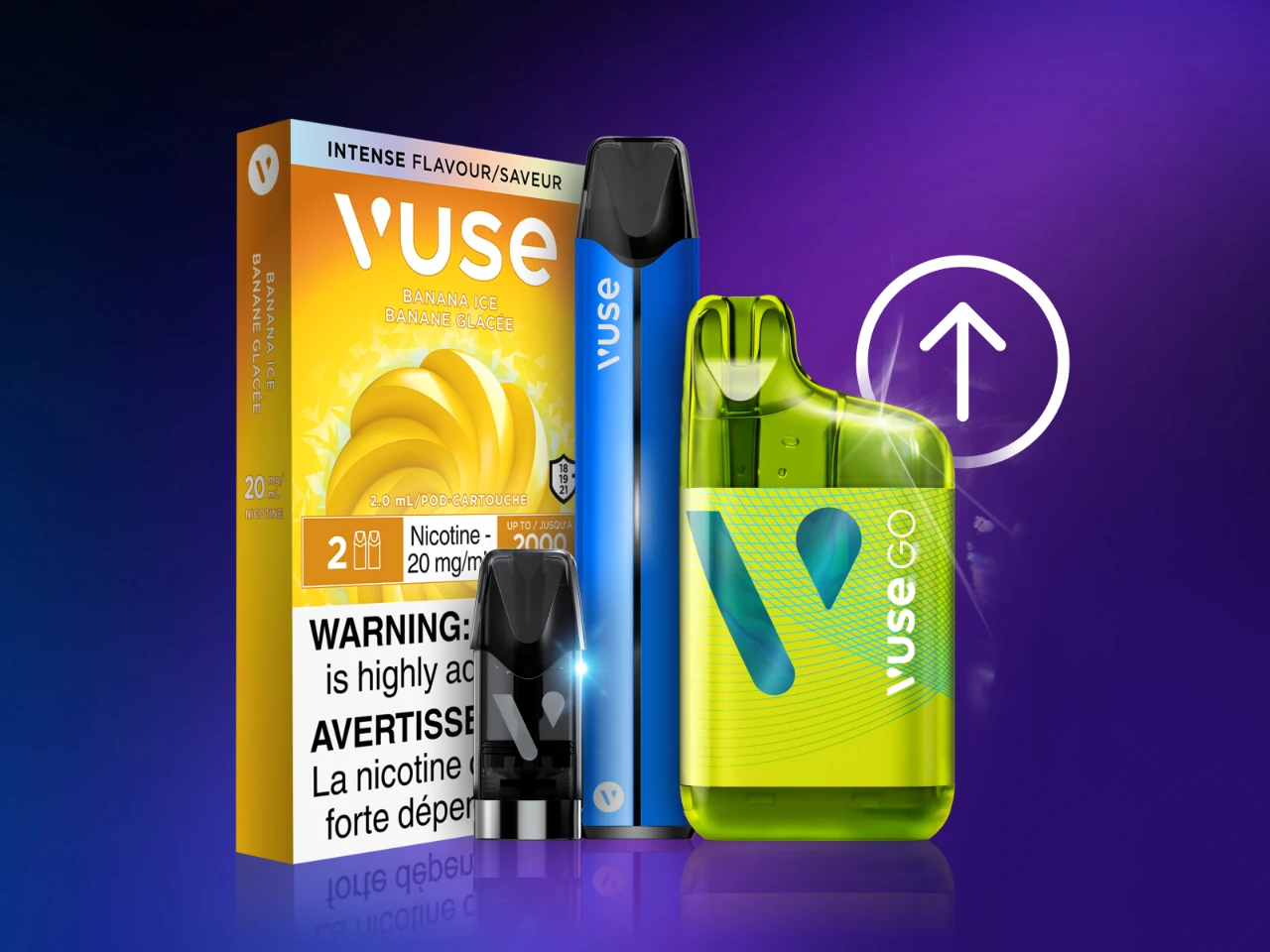 Vuse vape devices with upward arrow icon on a purple gradient background