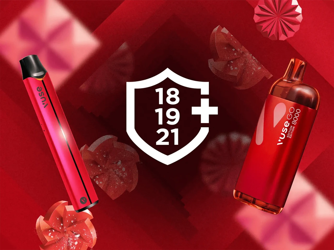 Red Vuse vape devices with an age restriction shield icon on a red gradient background