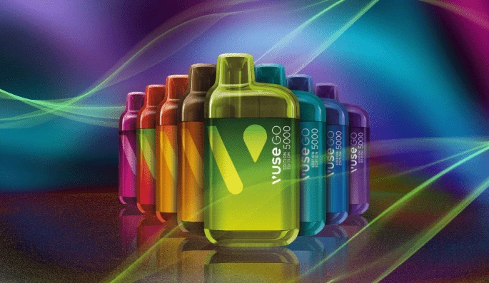 Lineup of Vuse GO Edition 5000 disposable vapes in various flavours on a vibrant gradient background