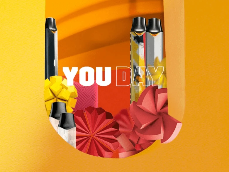 Grouping of Vuse vape devices with colourful flavour icons against a bright yellow background featuring ‘YOU DAY’ text