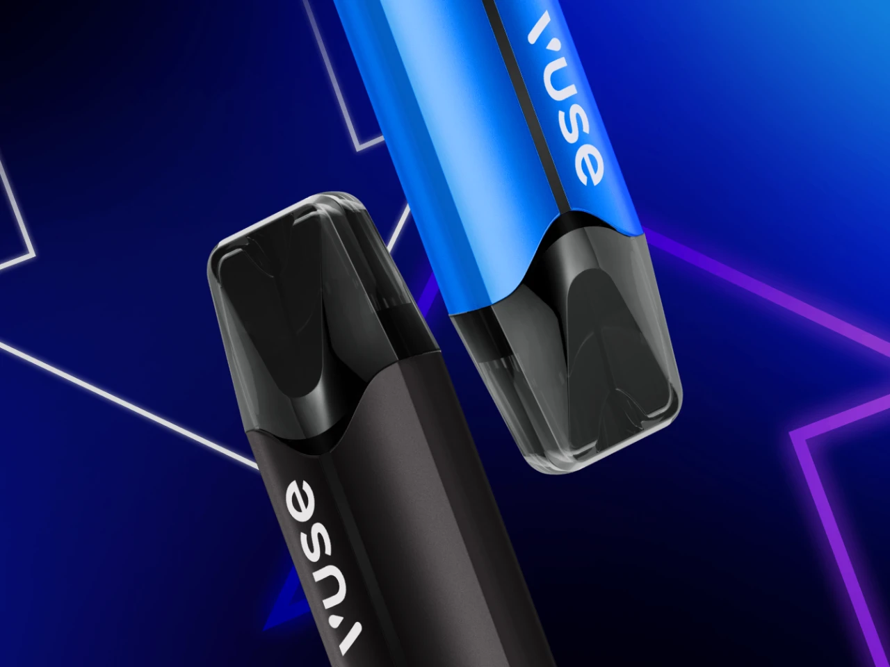 Black and blue Vuse vape devices on a blue background