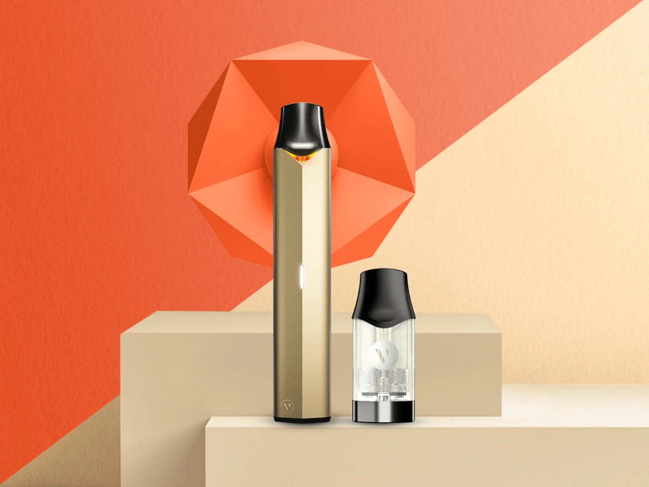 Vuse vape device and e-liquid bottle displayed on beige stands against an orange background