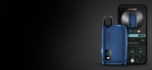Vuse Ultra vape device displayed on a black background, next to a phone showing MYVUSE App