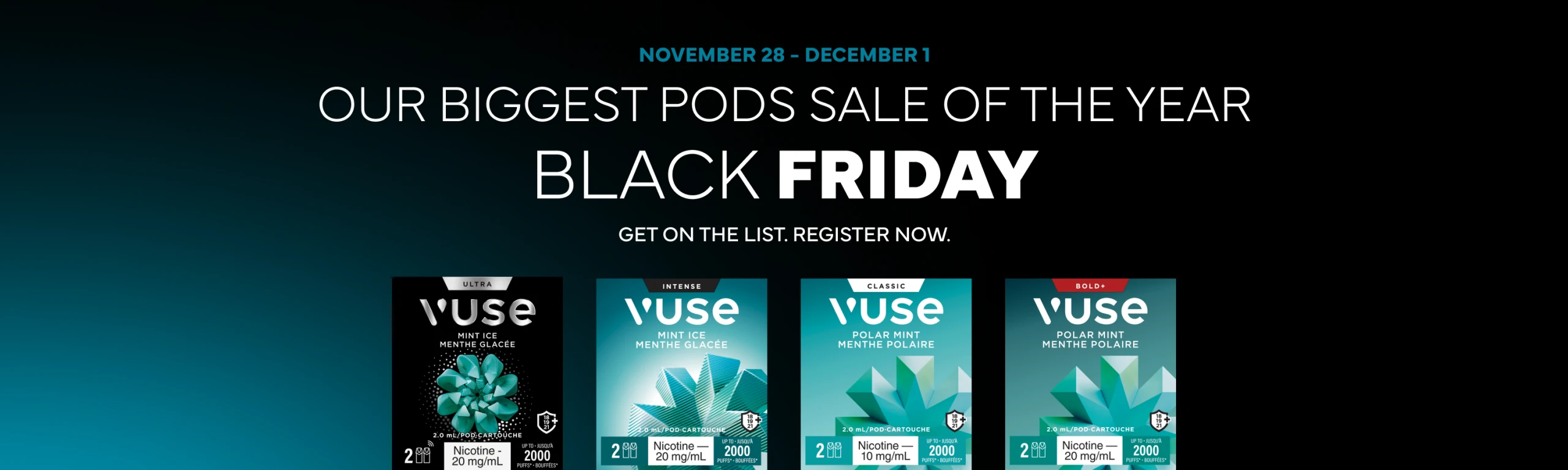 Vuse Pod Packs Polar Mint and Mint Ice flavour on a dark background for black friday sale, biggest sale of the year