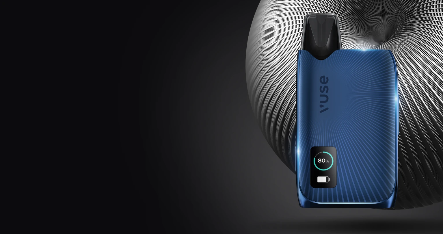 Vuse Ultra device blue on a grey orb with a black background