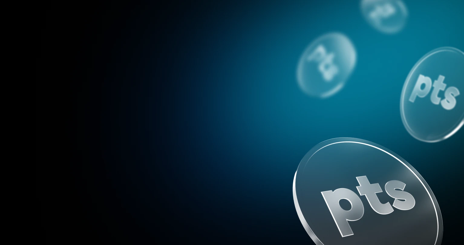 Points coin floating against a teal and black gradient background