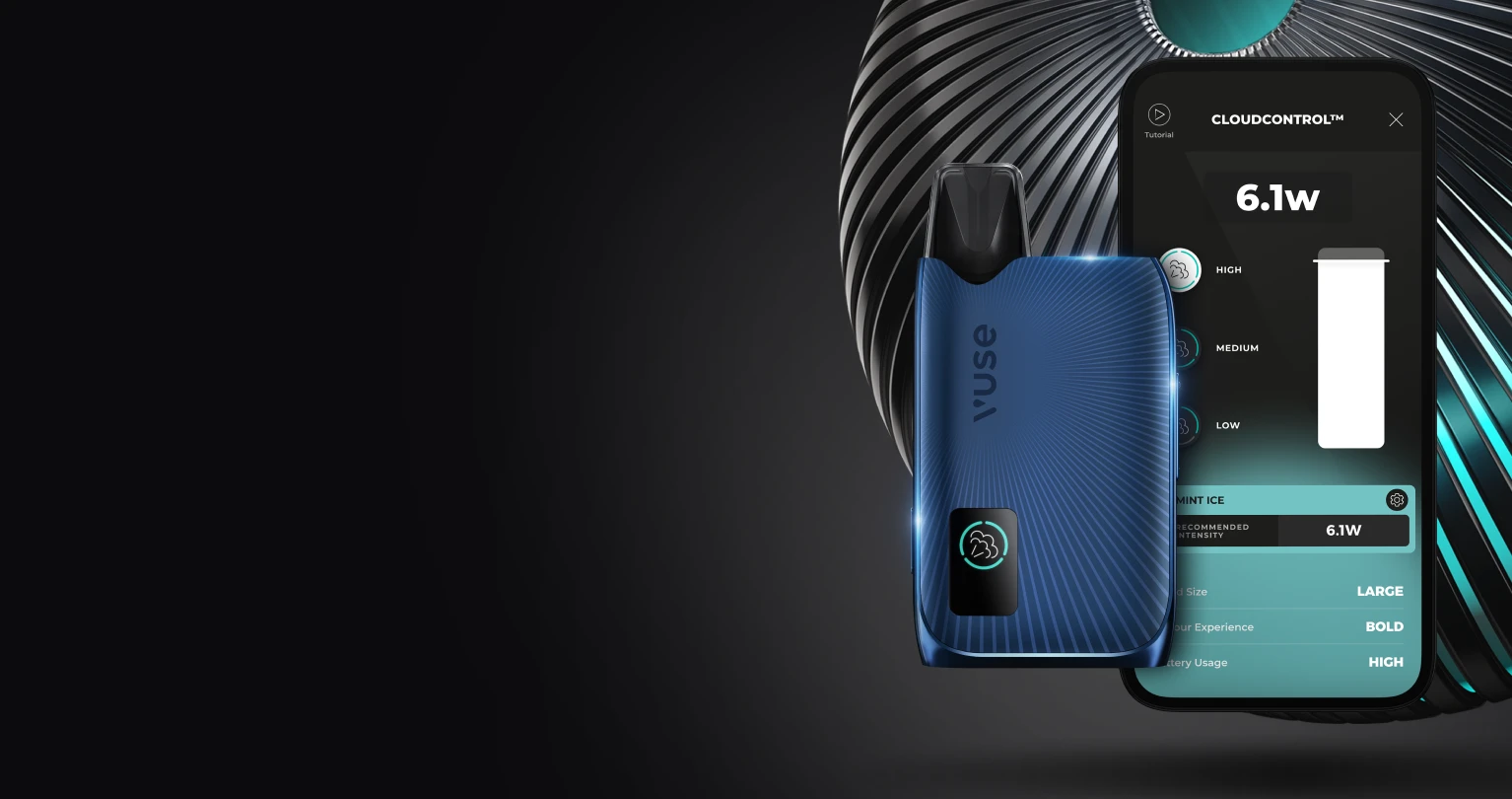 Vuse Ultra Device with a phoner with MYVUSE App on a black background