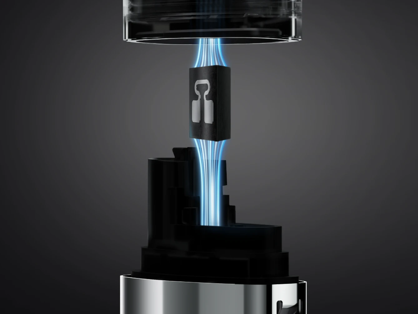 Vuse vape coil that shows the air flow in an Ultra closed system device against a dark gradient background