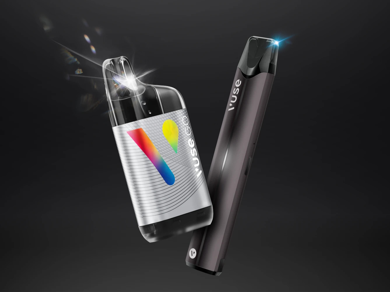 A silver clear VUSE modi device and a black pro-smart closed system device against a dark gradient background