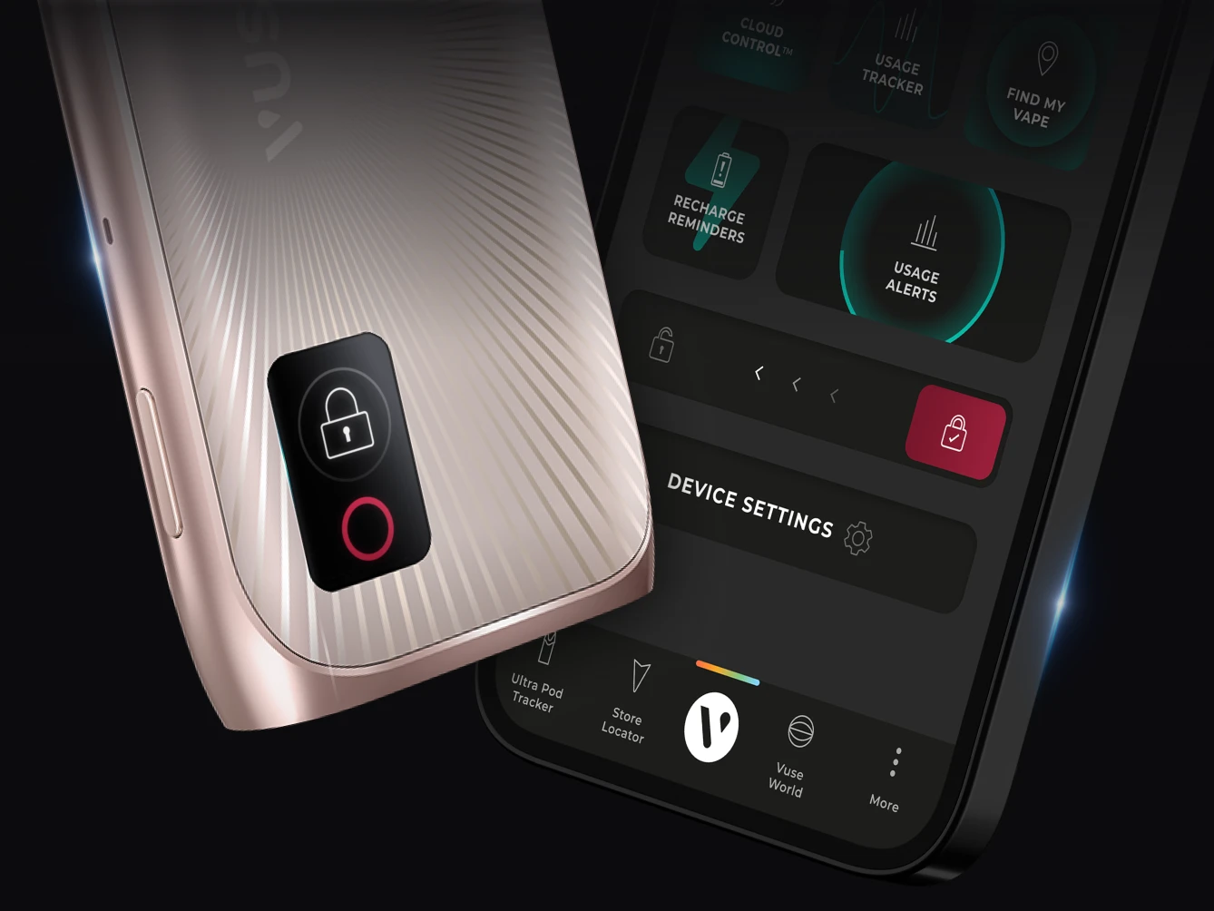 Rose gold Vuse Ultra Device and cell phone displaying MYVUSE App