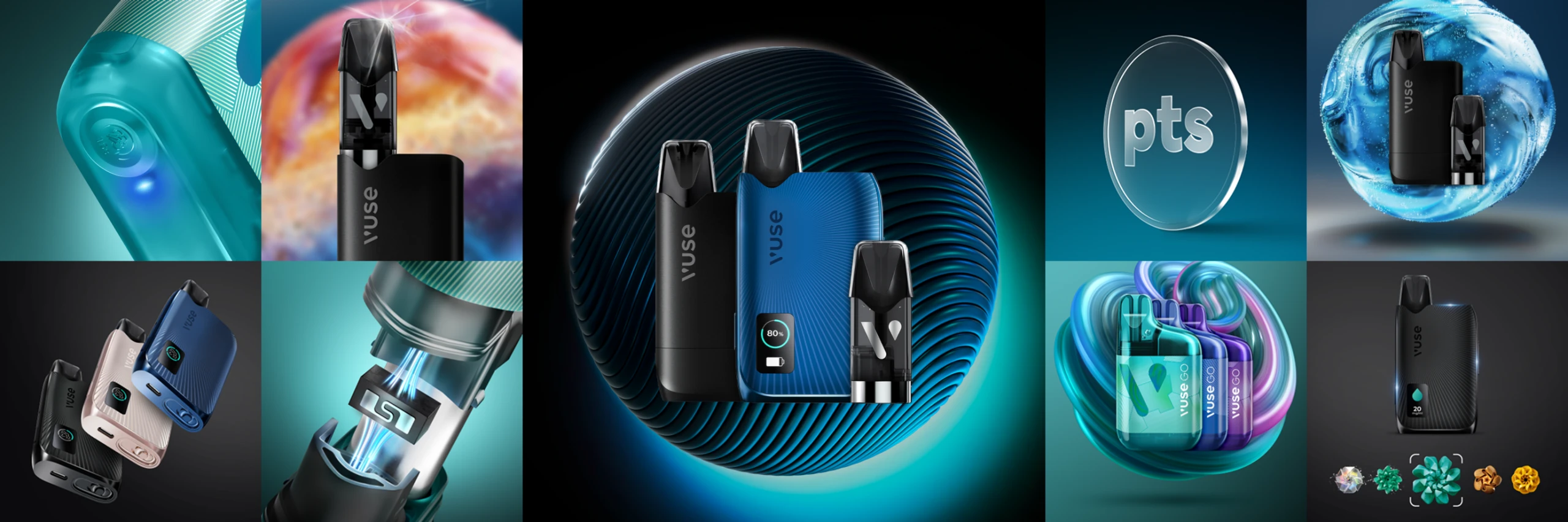 Two Vuse Ultra devices, one navy and one black and a Vuse Ultra pod showcased against a swirling teal-blue abstract halo.