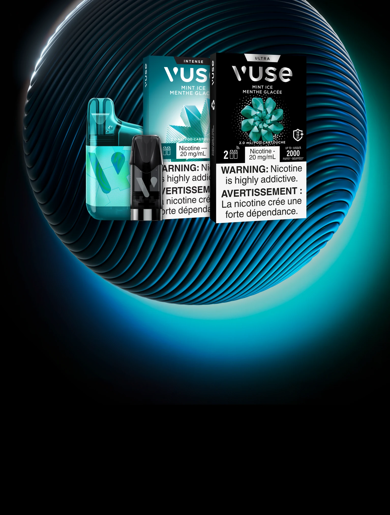 Vuse disposable in mint, with a pack of Mint Ice Intense and Mint Ice Ultra beside a pod in front of a blue swirl orb against a dark background