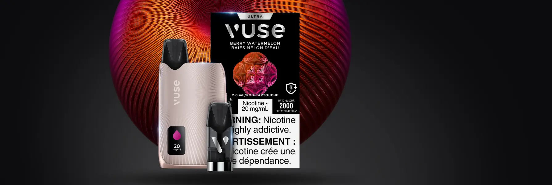 New Vuse Ultra Device with a Ultra Pod and a Ultra Pack of two pods on a black background