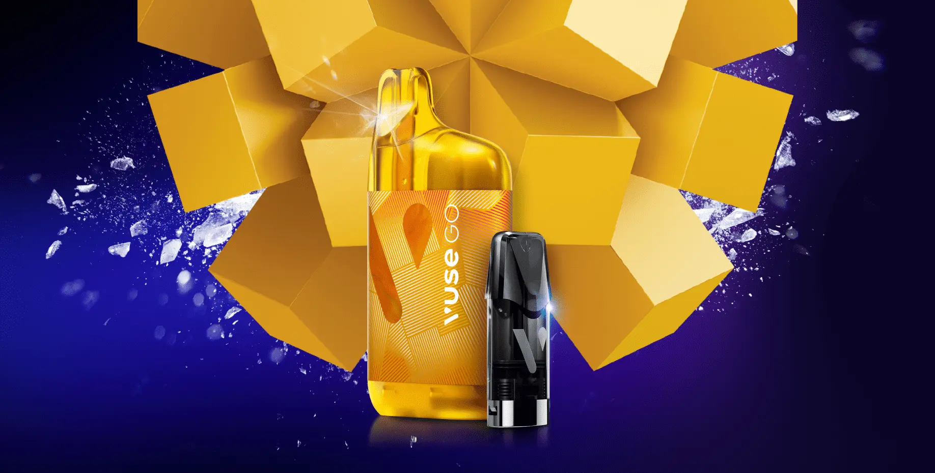 Mango Vuse GO 5000 Device with Pod featured on Yellow Background