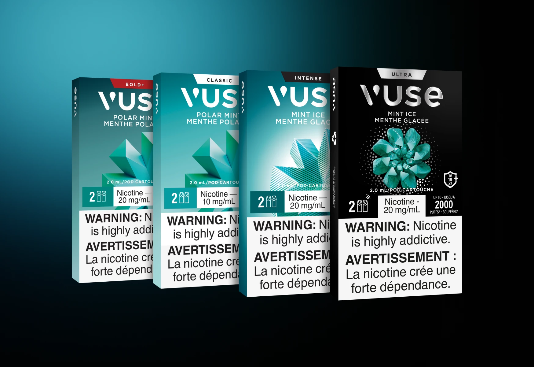 Vuse Pod Packs Polar Mint and Mint Ice flavour on a dark backgrounf