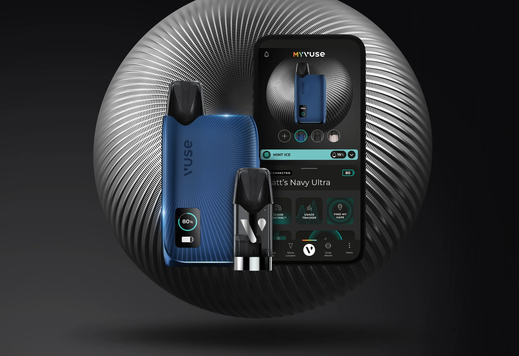 Vuse Ultra Device Navy with an Ultra Pod and a smartphone with MYVUSE App on a black and grey gradient orb