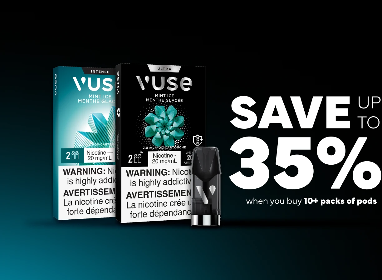 Vuse Pod Packs Polar Mint and Mint Ice flavour on a dark background for black friday sale, biggest sale of the year