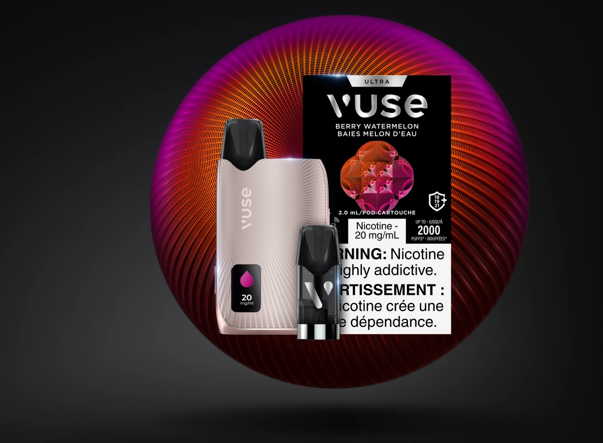 Vuse Ultra Device Rose Gold with a Ultra Pod and a Ultra Pack of Pods on a Pink orb