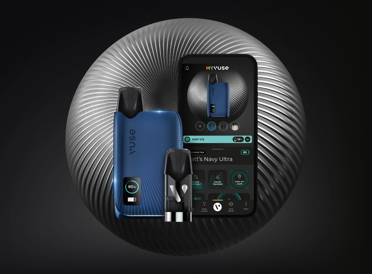 Vuse Ultra Device Navy with an Ultra Pod and the connected MyVuse app on a black gradient orb