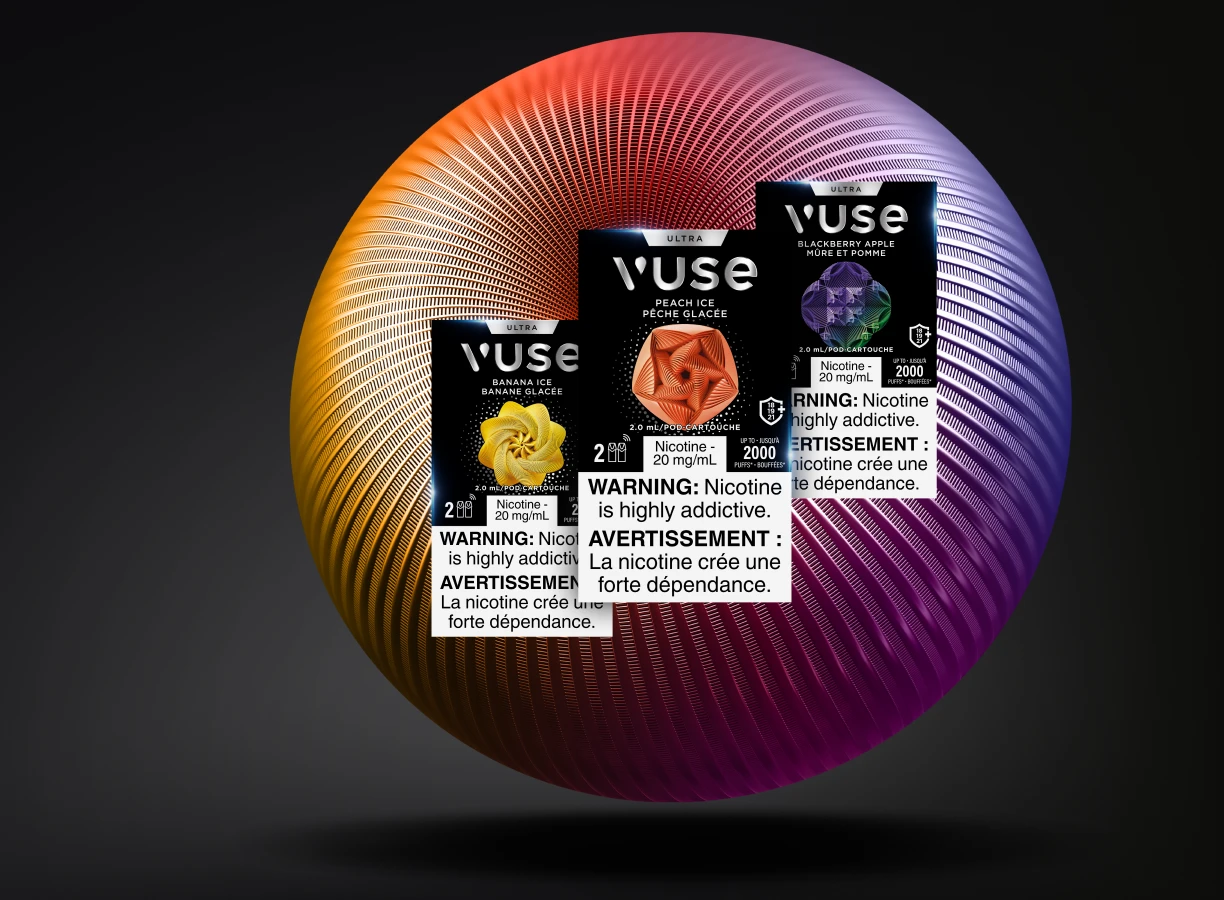 Three packs of Vuse Ultra Pods showcased in front of a colorful, swirling red and purple orb.