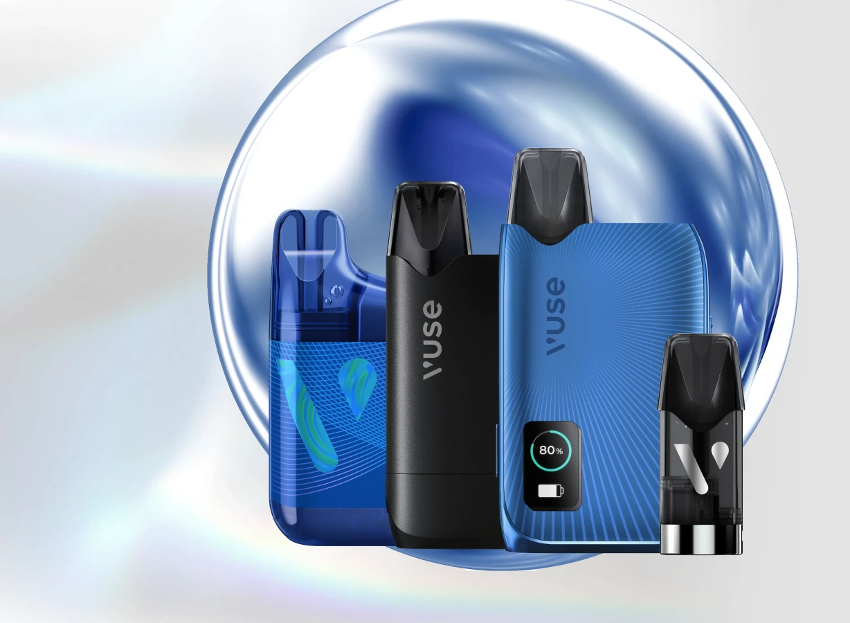 Blue Vuse Ultra, Pro One and GO device with a Vuse Ultra Pod on a blue orb and grey background