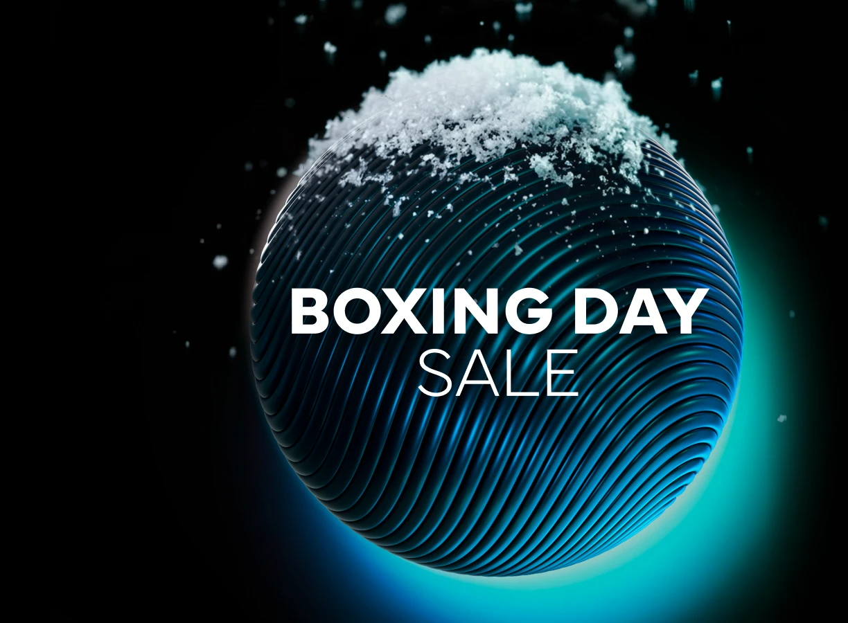Boxing Day Sale on a blue orb and grey background