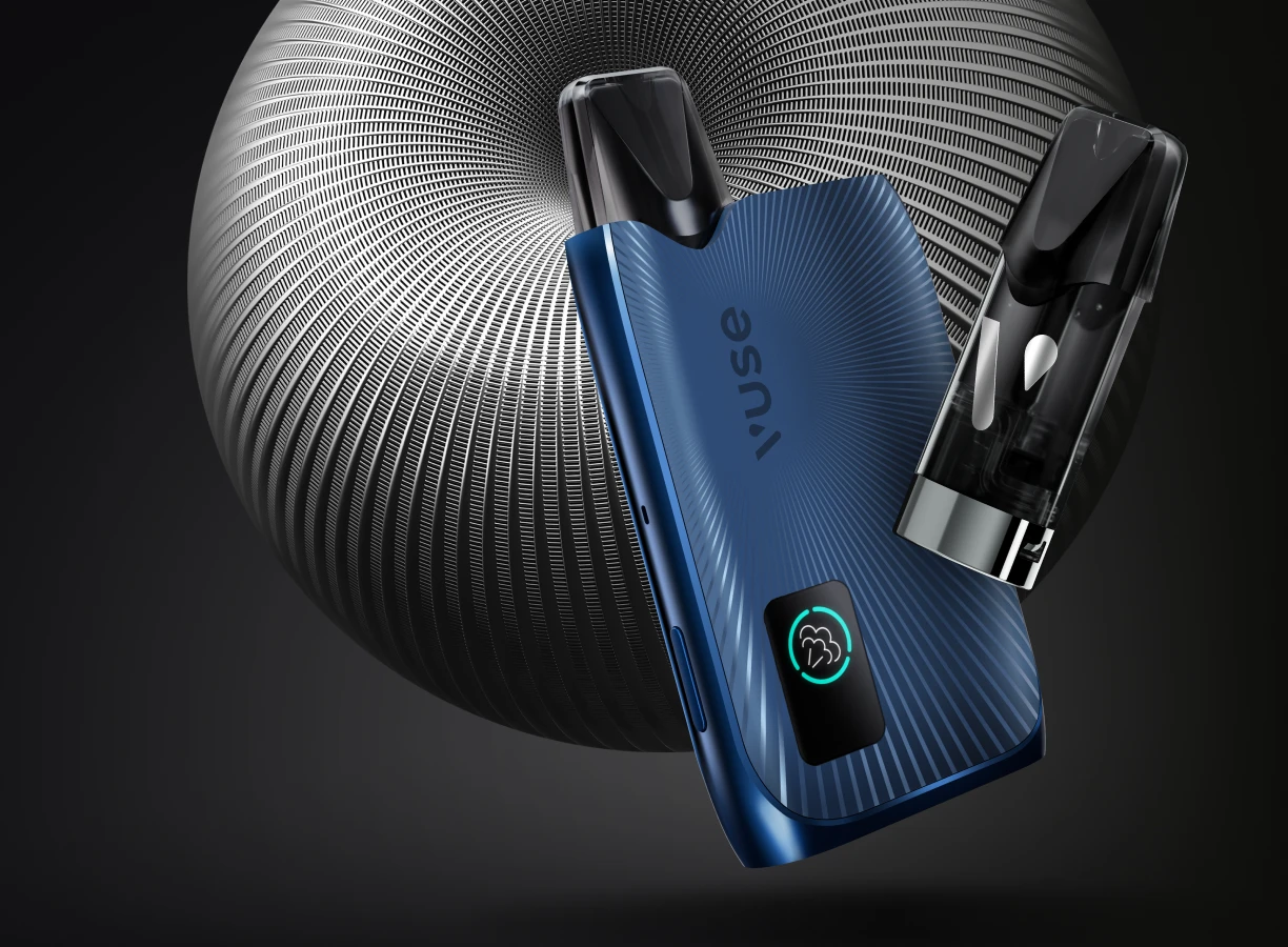 Vuse Ultra Blue Device with a Vuse Ultra Pods on a grey orb and a black background