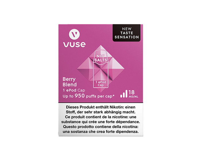 The packaging of the Berry Blend flavour e-liquid Cap for ePod e-cigarette
