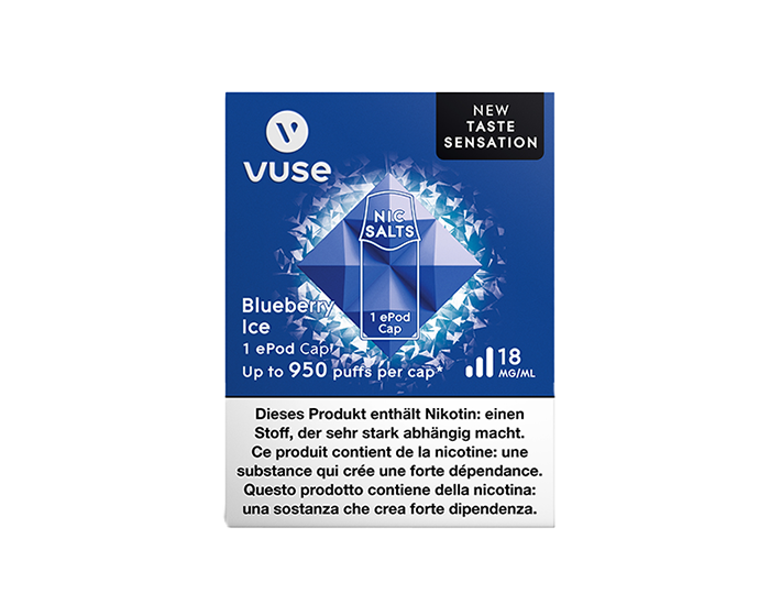 The packaging of the Blueberry Ice flavour e-liquid Cap for ePod e-cigarette