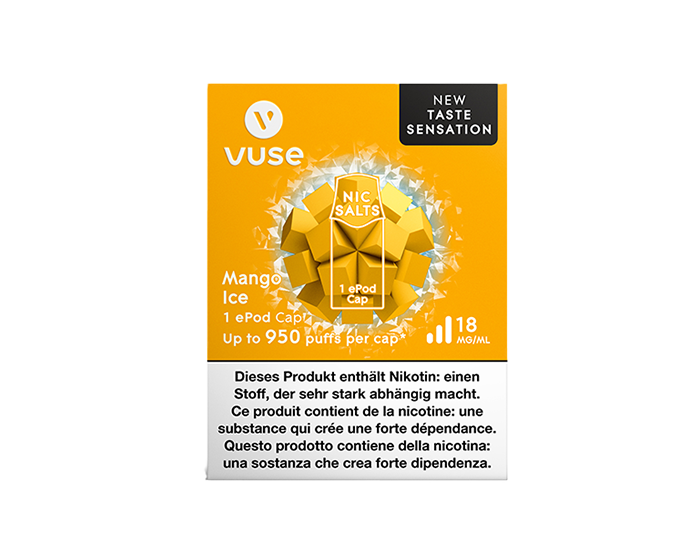 The packaging of the Mango Ice flavour e-liquid Cap for ePod e-cigarette