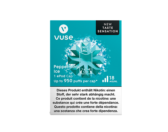 The packaging of the Peppermint Ice flavour e-liquid Cap for ePod e-cigarette
