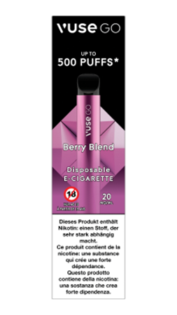 Die Einweg-E-Zigarette Vuse Go mit Berry Blend Geschmack in der Verpackung