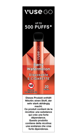 Die Einweg-E-Zigarette Vuse Go mit Berry Watermelon Geschmack in der Verpackung